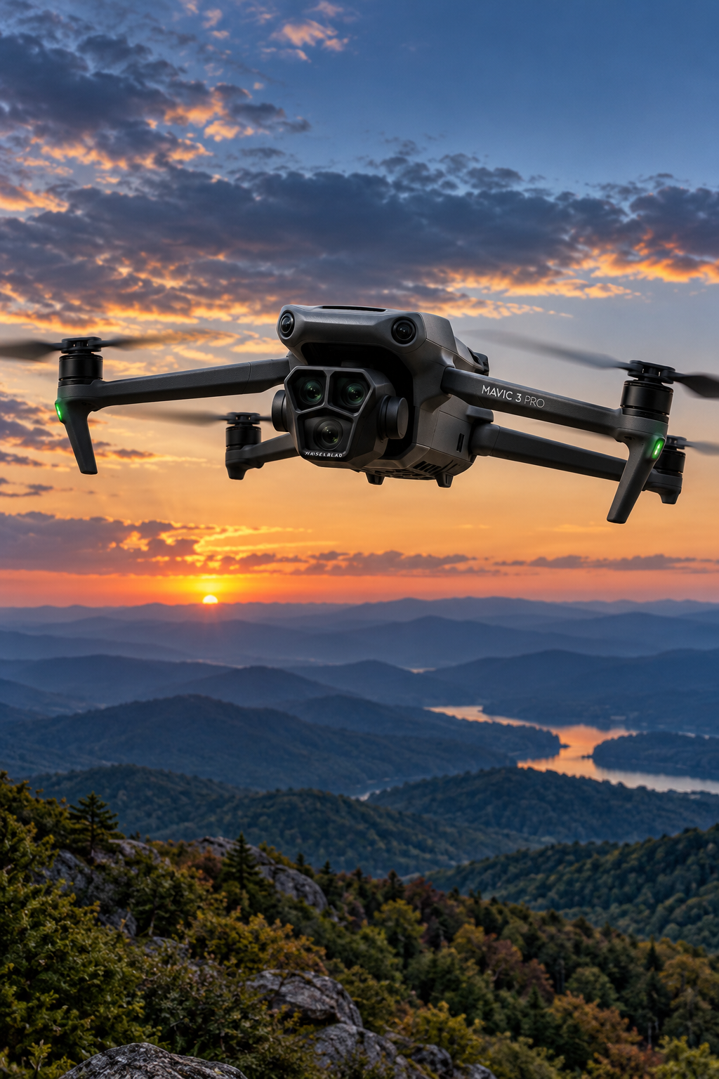DJI Mavic 3 Pro with a three-camera gimbal flying over a mountain landscape at sunset, illustrative image