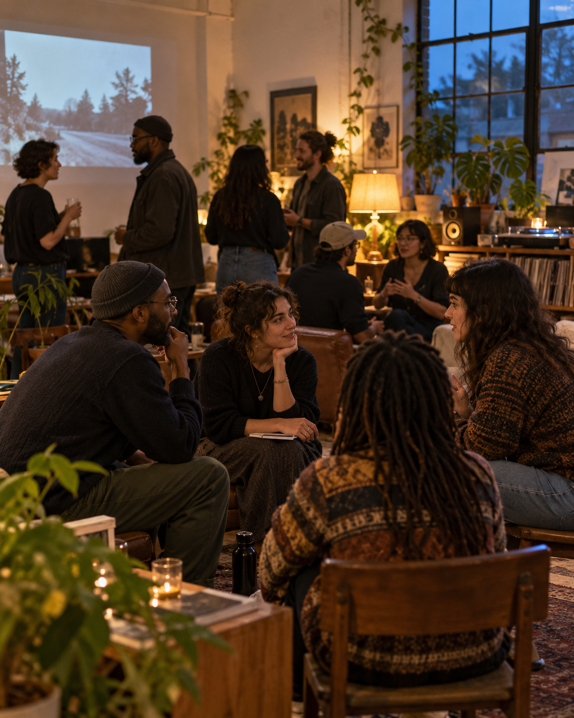 Creative community gathering with conversation, film, and music, illustrative image