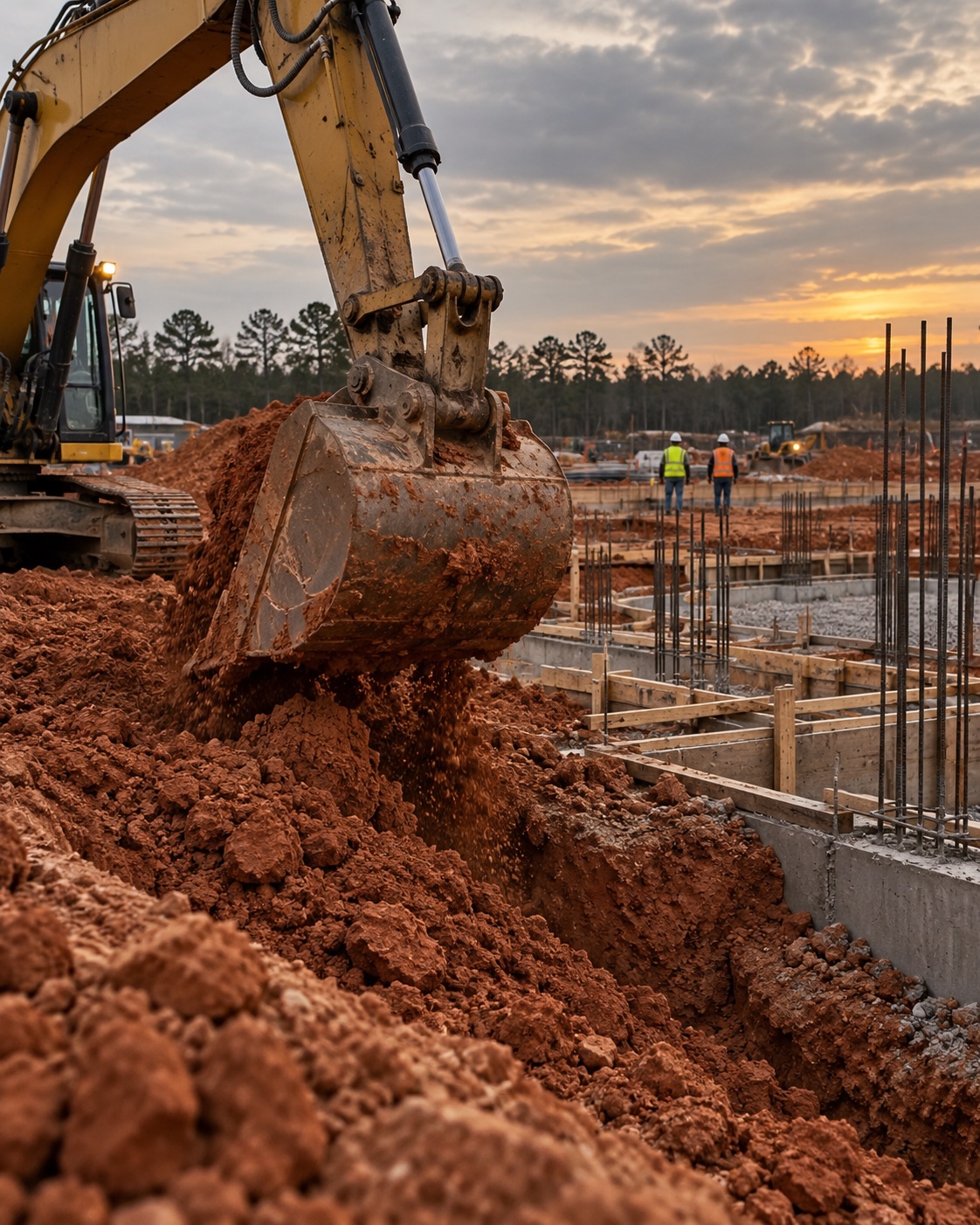 Excavator moving red soil beside foundation forms, with workers in the distance; illustrative image